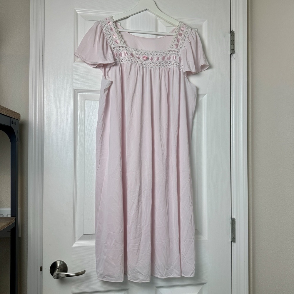 Shadowline Vintage Lace Trim Nightgown Lingerie  Pink Mesh Nylon 1960's Sz Large